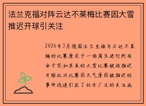 法兰克福对阵云达不莱梅比赛因大雪推迟开球引关注 法兰克福对阵云达不莱梅比赛因大雪推迟开球引关注