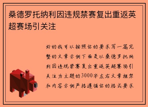 桑德罗托纳利因违规禁赛复出重返英超赛场引关注 桑德罗托纳利因违规禁赛复出重返英超赛场引关注